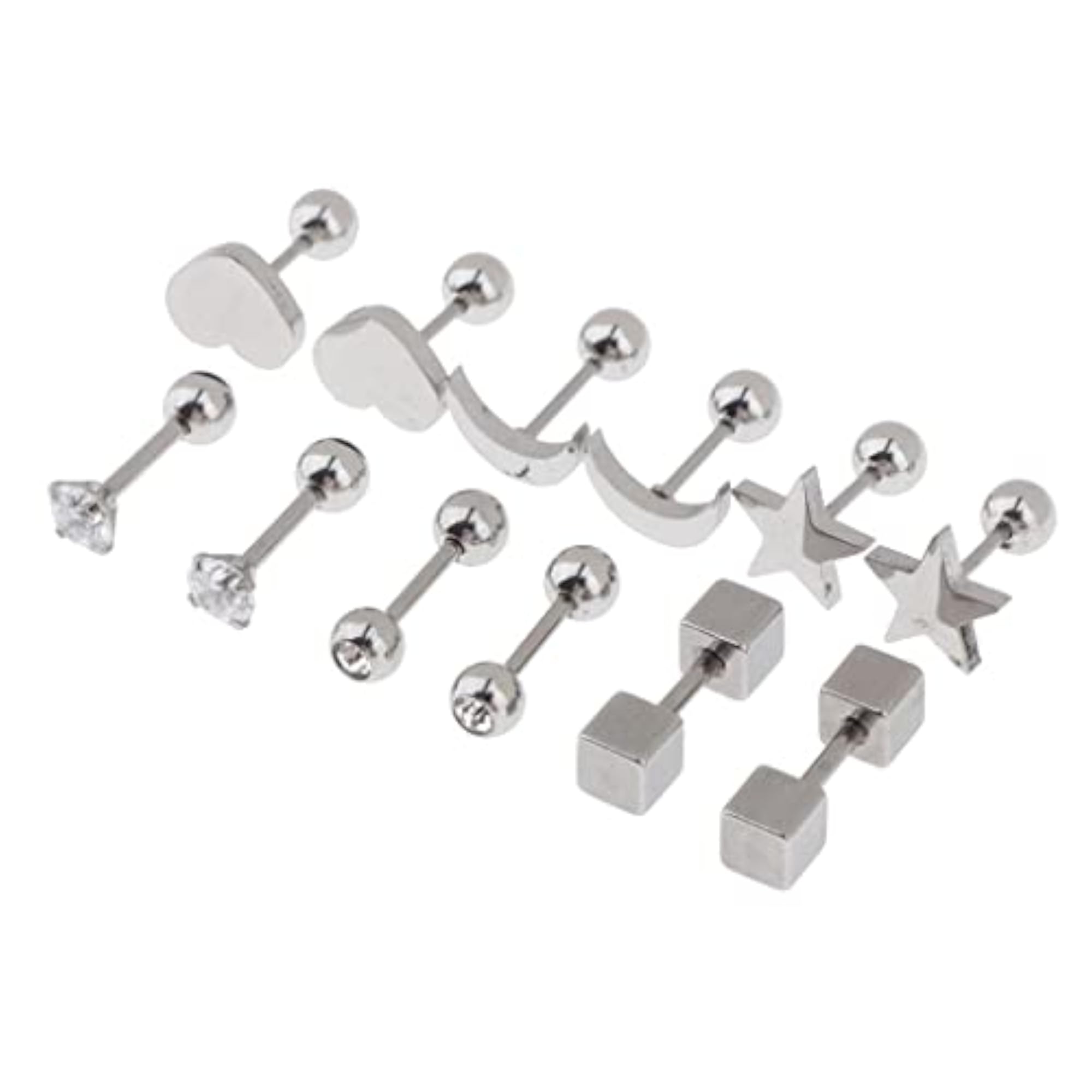 6 Pairs Stainless Steel Star Heart Moon Stud Earrings Set